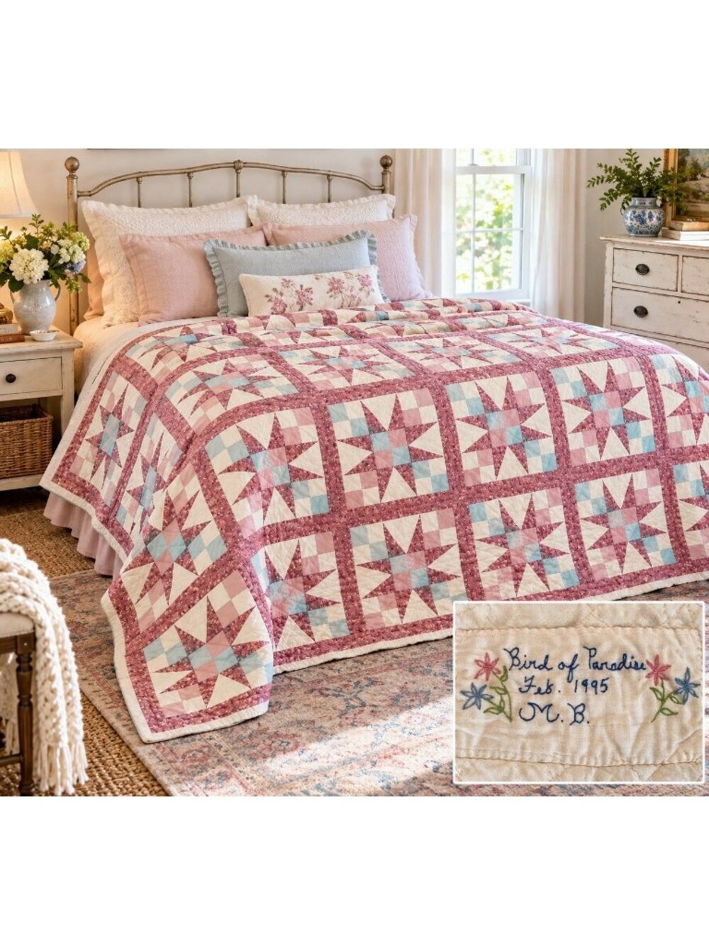 Vintage 1995 Handmade Patchwork Star Quilt 84x96 Bird of Paradise Cottagecore